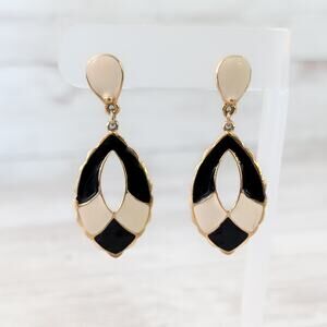 Vintage Stud Earrings Statement Very Large Cream & Black Dangle Retro Stylish
